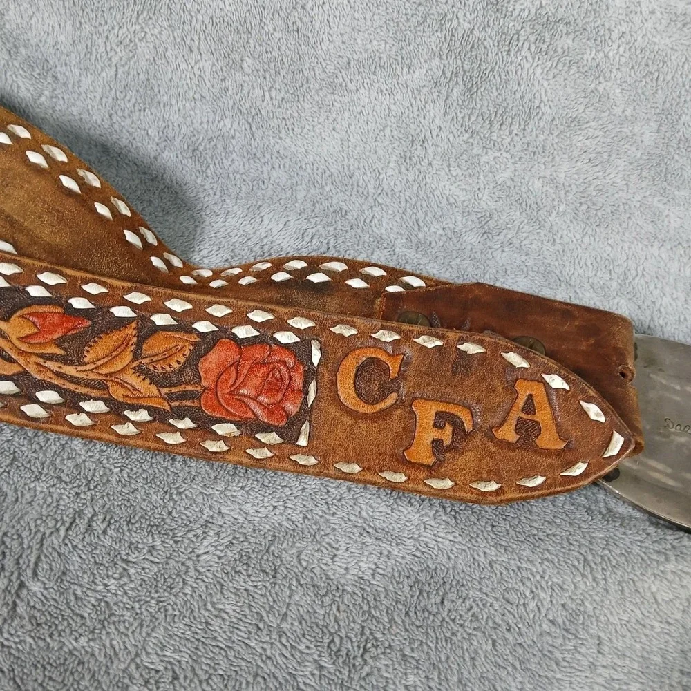 Vintage Dale Western Belt & Buckle Mens Floral Tooled Leather Inlay Chip 